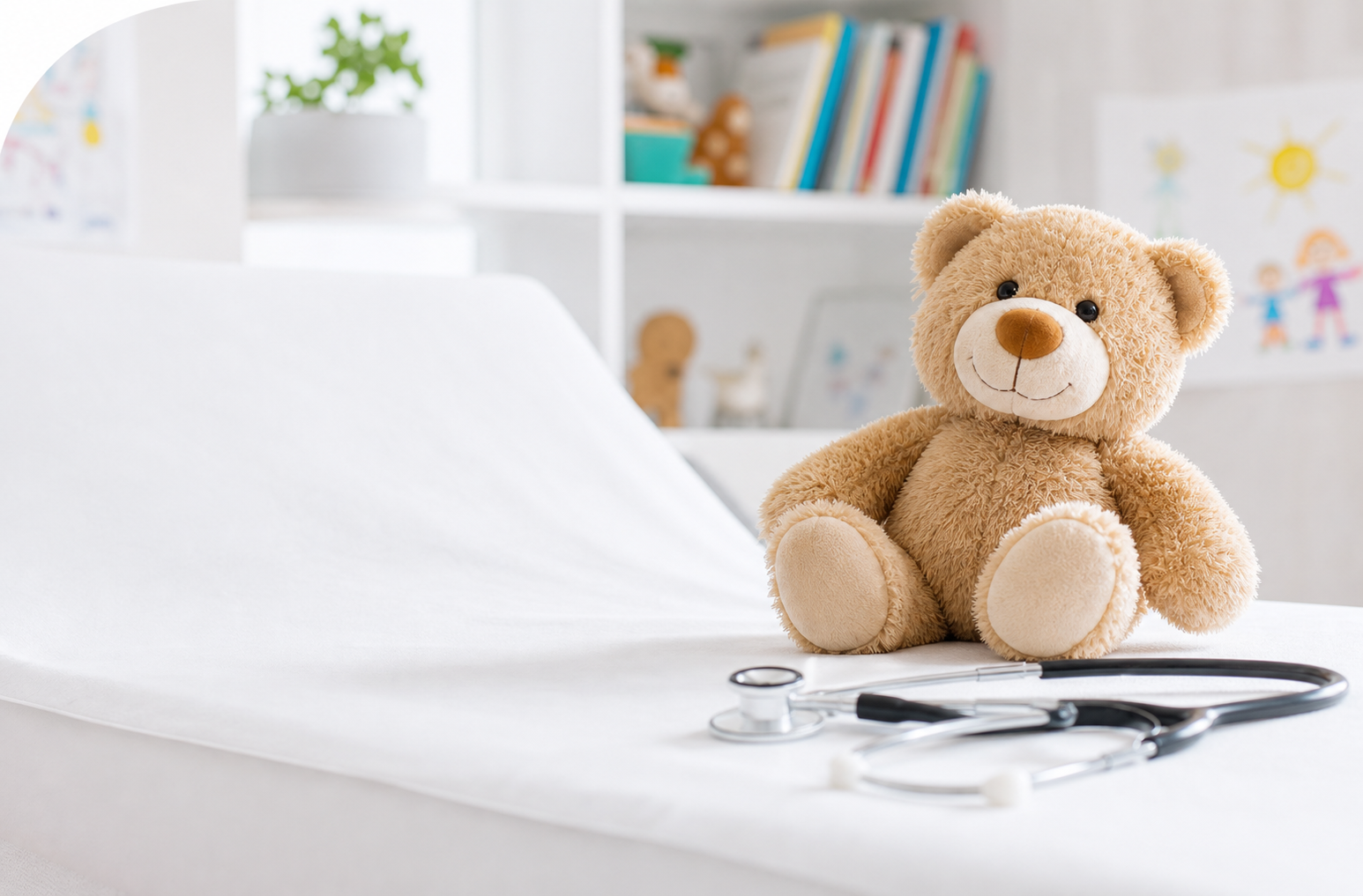 Teddybär und Stethoskop in einer Kinderarztpraxis